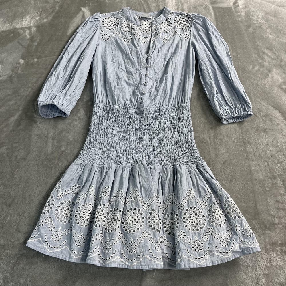 Venus‎ Dress Womens 6 Blue Chambray Eyelet Smocked Fit Flare 3/4 Sleeve Preppy